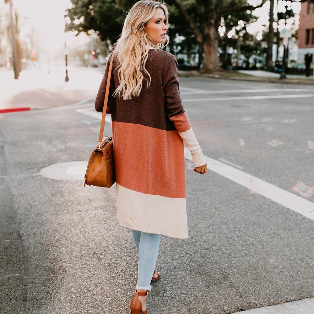 Long Cardigan Women Collarless Long Sleeve Color Block Open Stitch Cardigan