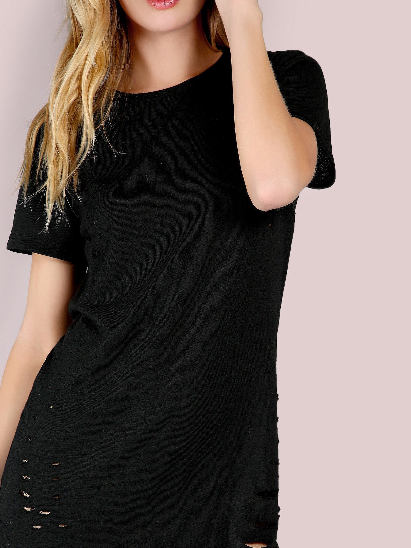 Black Curved Hem Ripped Tee Dress