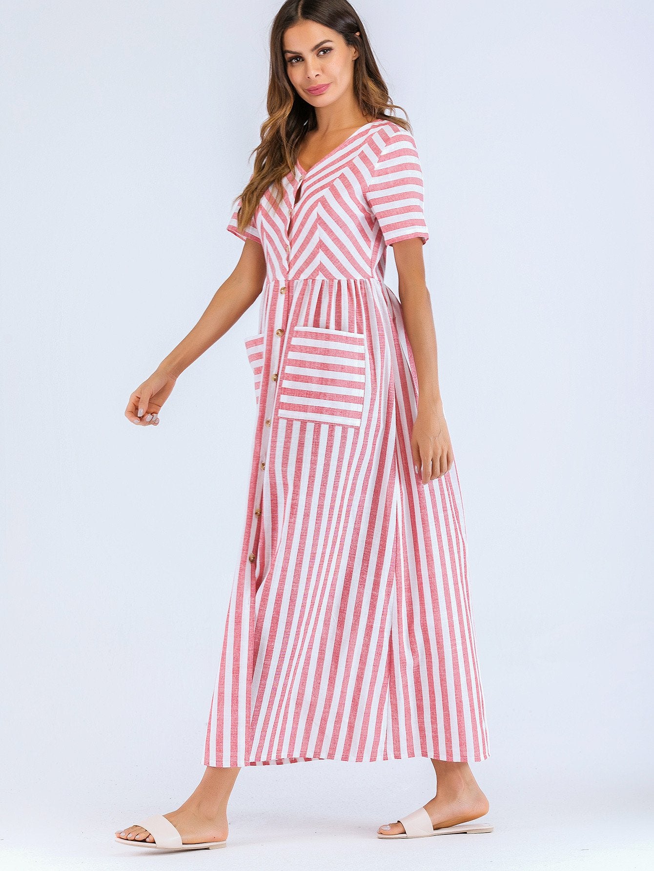 Striped Button Front Pocket Dress