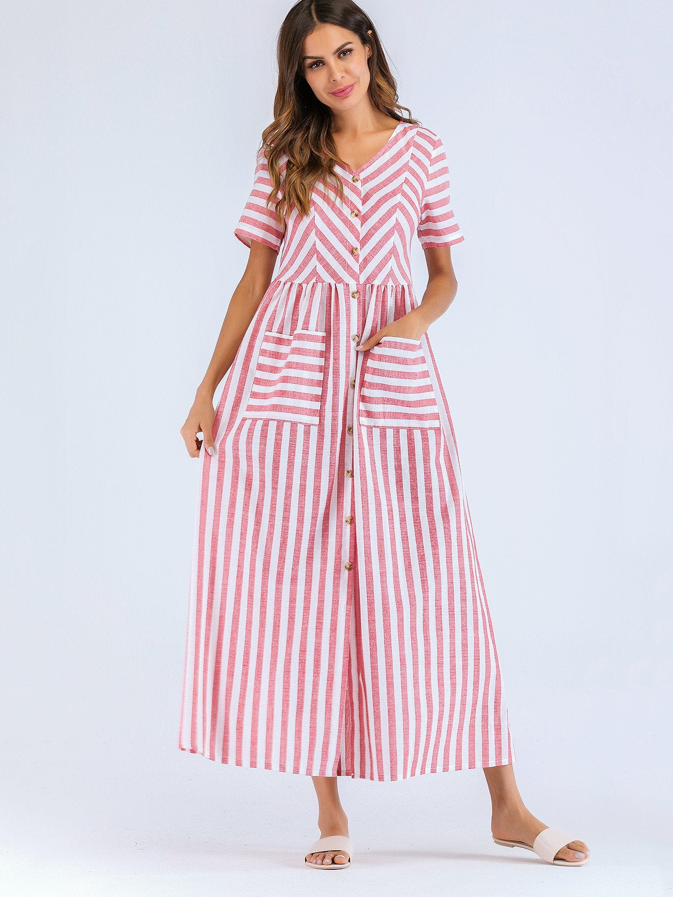 Striped Button Front Pocket Dress