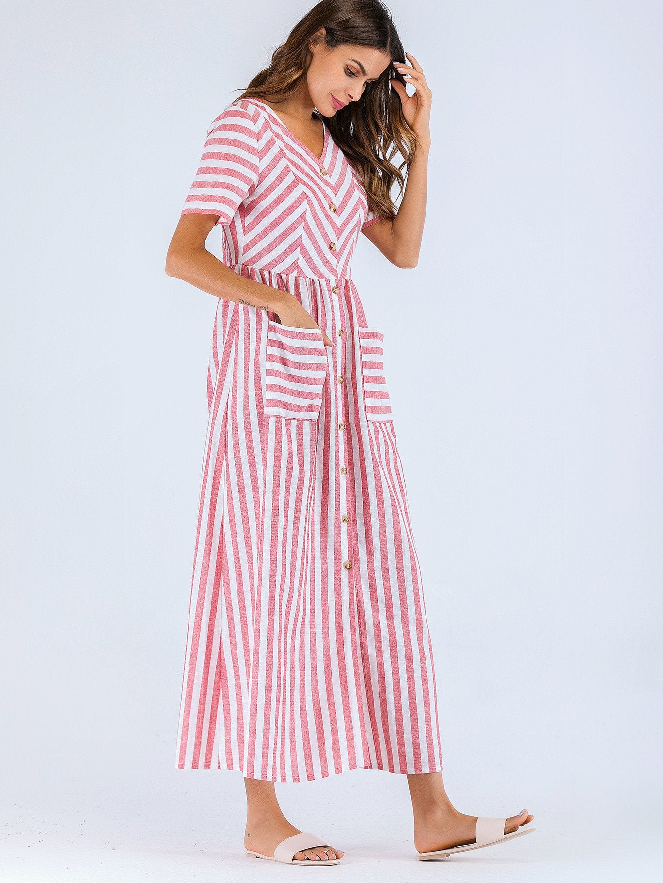 Striped Button Front Pocket Dress
