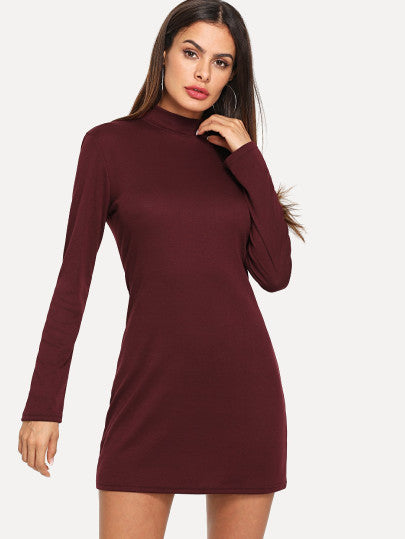 Stand Neck Solid Dress