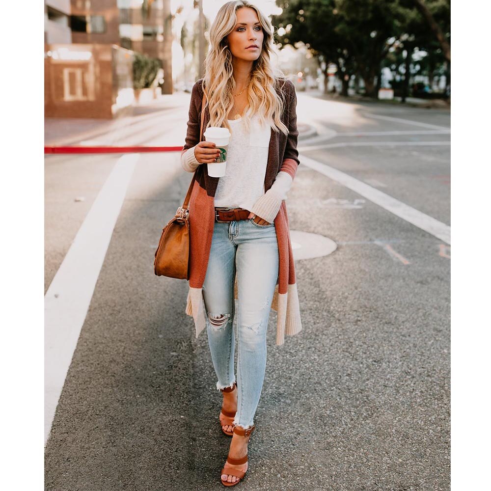Long Cardigan Women Collarless Long Sleeve Color Block Open Stitch Cardigan