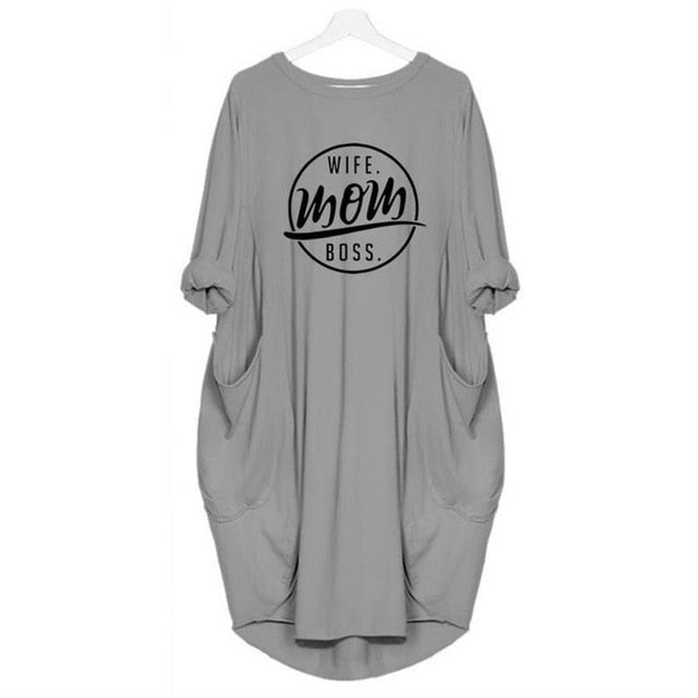 2019 Fashion T-Shirt for Women Pocket WIFE MOM BOSS Letters Print Tshirt Plus Size Tops