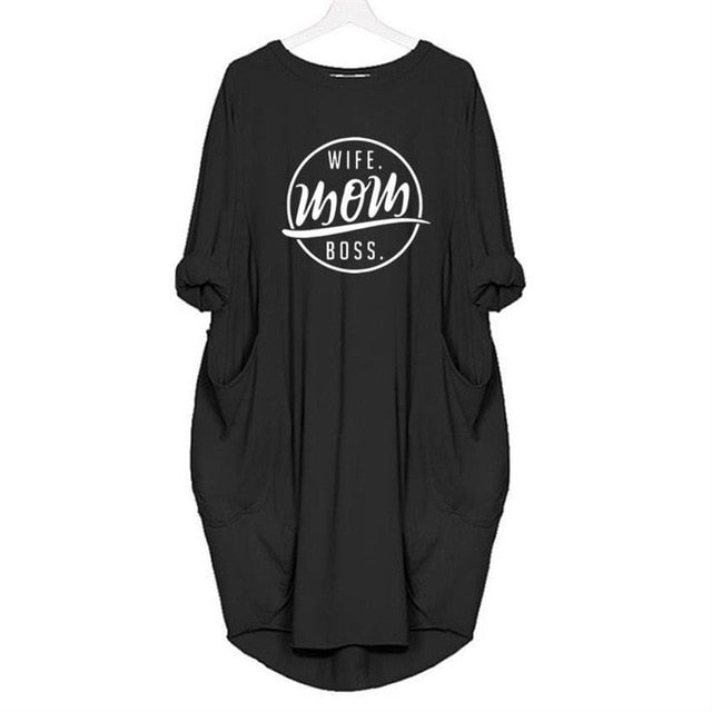 2019 Fashion T-Shirt for Women Pocket WIFE MOM BOSS Letters Print Tshirt Plus Size Tops