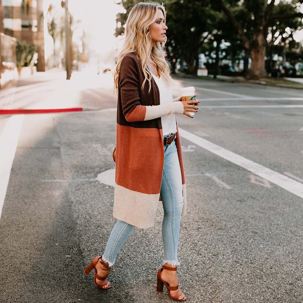 Long Cardigan Women Collarless Long Sleeve Color Block Open Stitch Cardigan