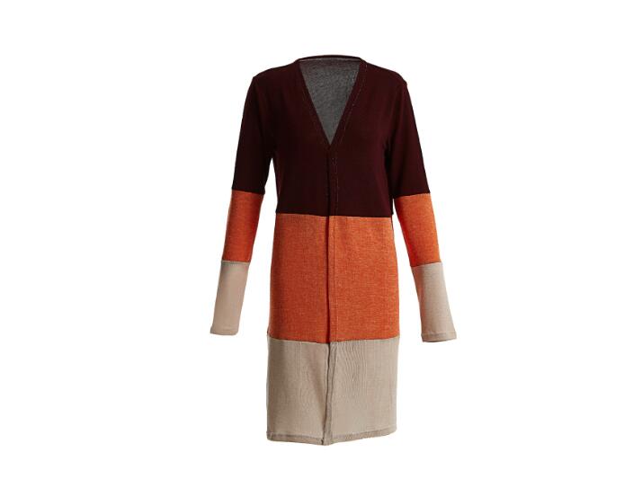 Long Cardigan Women Collarless Long Sleeve Color Block Open Stitch Cardigan
