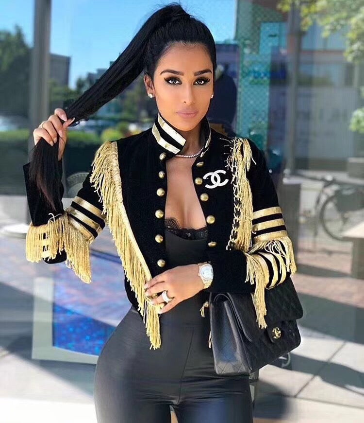 Ladies Sexy Long Sleeve Tassel Button Women Coat  Celebrity Designer Party Coat