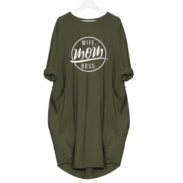2019 Fashion T-Shirt for Women Pocket WIFE MOM BOSS Letters Print Tshirt Plus Size Tops