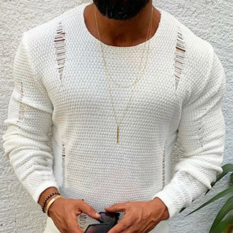 Modis Men Ripped Sweater Cotton Soft Male Winter Warm Knit Clothes Casual Cool Pullover O-Neck Long Sleeve Men Ripped Sweater