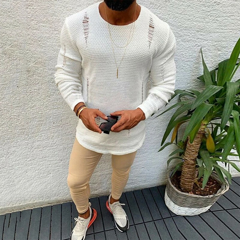 Modis Men Ripped Sweater Cotton Soft Male Winter Warm Knit Clothes Casual Cool Pullover O-Neck Long Sleeve Men Ripped Sweater