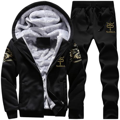 Causal Tracksuits Men Set hooded Thicken Fleece Hoodies + Sweatpant 2020 Winter Spring Sweatshirt Sportswear Male Letter Print