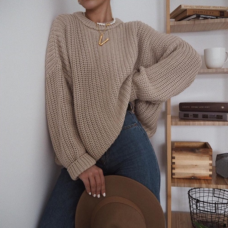 WOTWOY Elegant Autumn Oversized Sweater Women Solid Loose Knitted Sweaters Women Long Sleeve Pullover Female Jumper Cashmere New