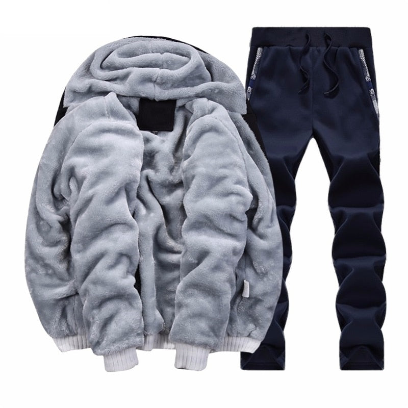 Tracksuit Men Sporting Fleece Thick Hooded Brand-Clothing Casual Track Suit Men Jacket+Pant Warm Fur Inside Winter Sweatshirt