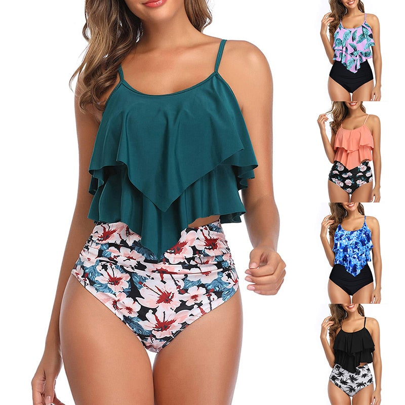 Sfit Swimsuit for Women Two Piece Double Flounce top with High Waisted Ruched Bottom Tankini Set Swimwear Bathing Suit Plus Size