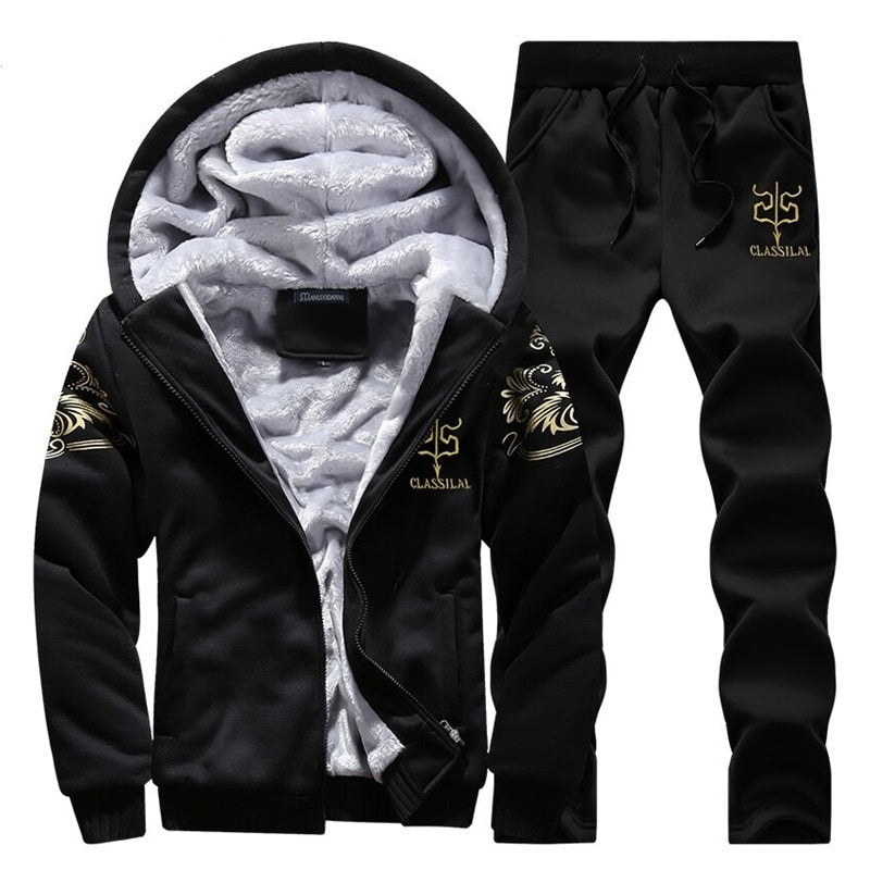 Tracksuit Men Sporting Fleece Thick Hooded Brand-Clothing Casual Track Suit Men Jacket+Pant Warm Fur Inside Winter Sweatshirt