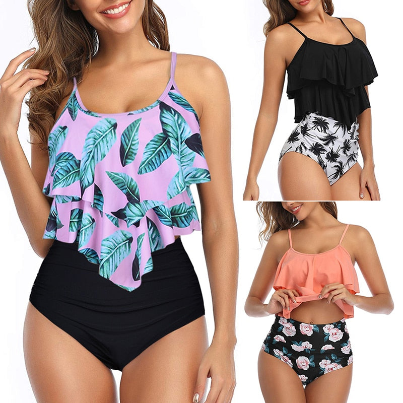 Sfit Swimsuit for Women Two Piece Double Flounce top with High Waisted Ruched Bottom Tankini Set Swimwear Bathing Suit Plus Size