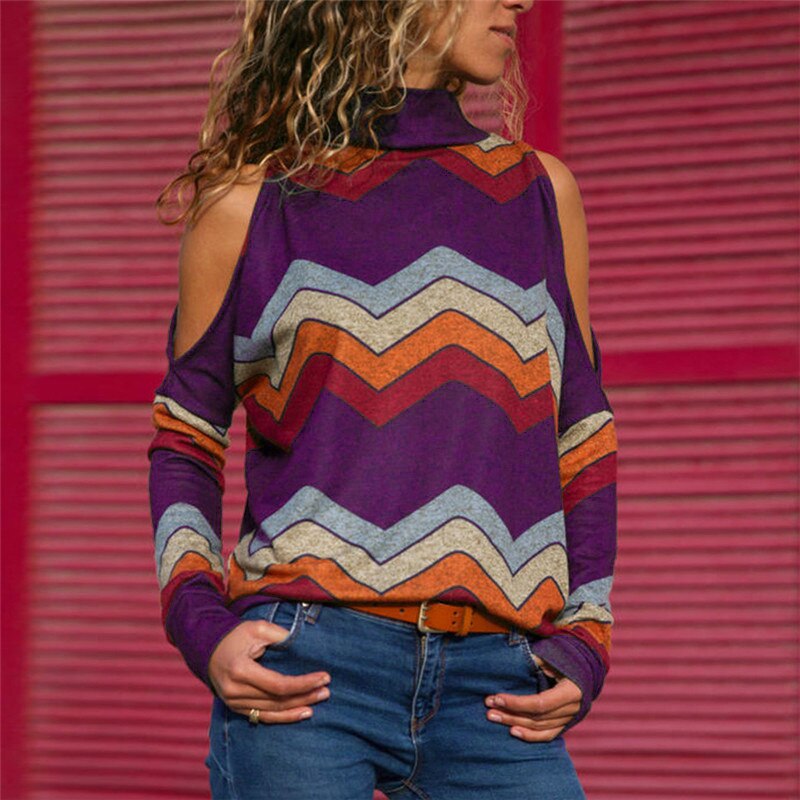 Aachoae Women Blouses Sexy Cold Shoulder Tops Casual Turtleneck Knitted Top Jumper Pullover Print Long Sleeve Shirt Blusas