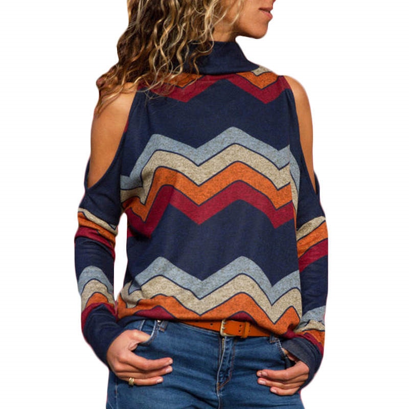 Aachoae Women Blouses Sexy Cold Shoulder Tops Casual Turtleneck Knitted Top Jumper Pullover Print Long Sleeve Shirt Blusas