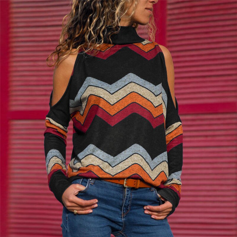 Aachoae Women Blouses Sexy Cold Shoulder Tops Casual Turtleneck Knitted Top Jumper Pullover Print Long Sleeve Shirt Blusas