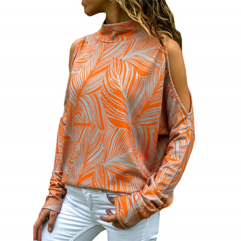 Aachoae Women Blouses Sexy Cold Shoulder Tops Casual Turtleneck Knitted Top Jumper Pullover Print Long Sleeve Shirt Blusas