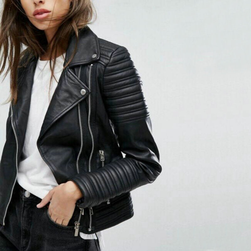 2020 New Fashion Women Motorcycle Faux Leather Jackets Ladies Long Sleeve Autumn Winter Biker Zippers Streetwear Black Coat