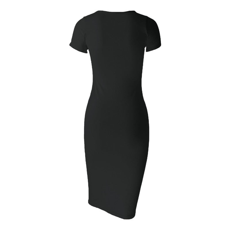 Cotton Long Autumn Party Dress Fashion Solid O-Neck Short Sleeve Office Lady Summer Dress Plus Size Slim Casual Pencil Vestidos
