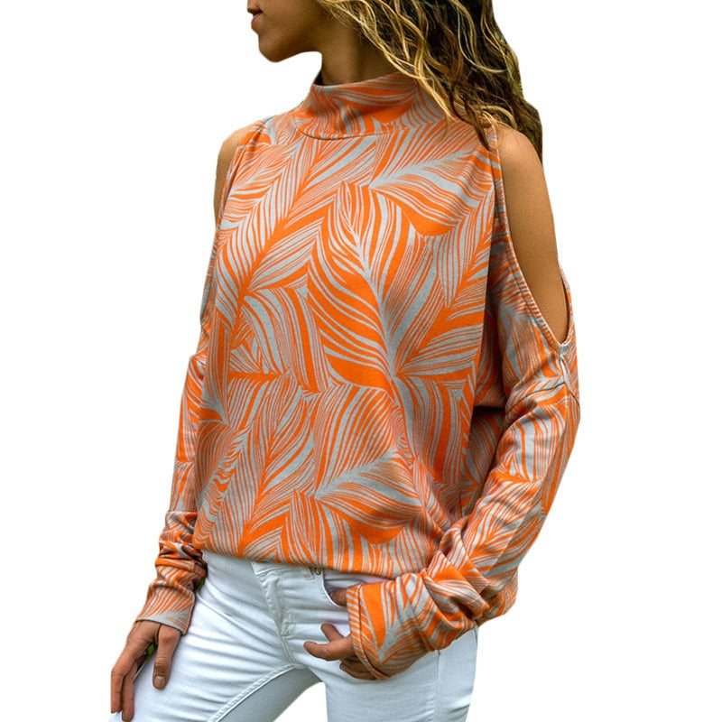 Aachoae Women Blouses Sexy Cold Shoulder Tops Casual Turtleneck Knitted Top Jumper Pullover Print Long Sleeve Shirt Blusas