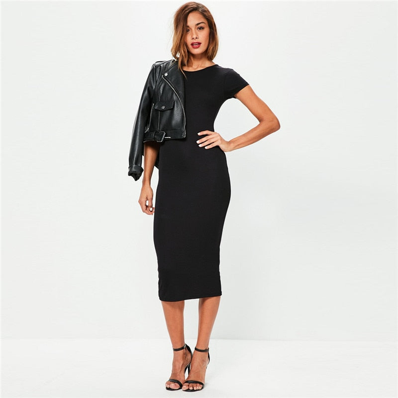 Cotton Long Autumn Party Dress Fashion Solid O-Neck Short Sleeve Office Lady Summer Dress Plus Size Slim Casual Pencil Vestidos