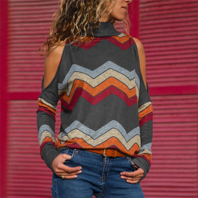 Aachoae Women Blouses Sexy Cold Shoulder Tops Casual Turtleneck Knitted Top Jumper Pullover Print Long Sleeve Shirt Blusas