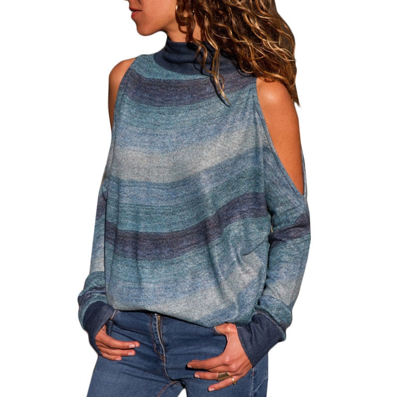 Aachoae Women Blouses Sexy Cold Shoulder Tops Casual Turtleneck Knitted Top Jumper Pullover Print Long Sleeve Shirt Blusas