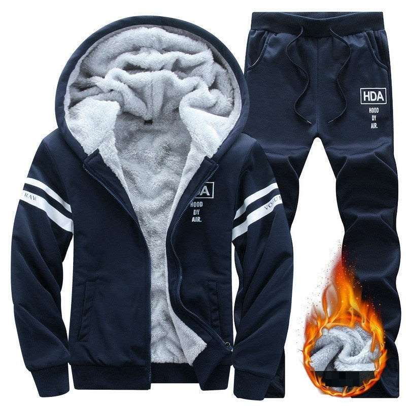 Causal Tracksuits Men Set hooded Thicken Fleece Hoodies + Sweatpant 2020 Winter Spring Sweatshirt Sportswear Male Letter Print