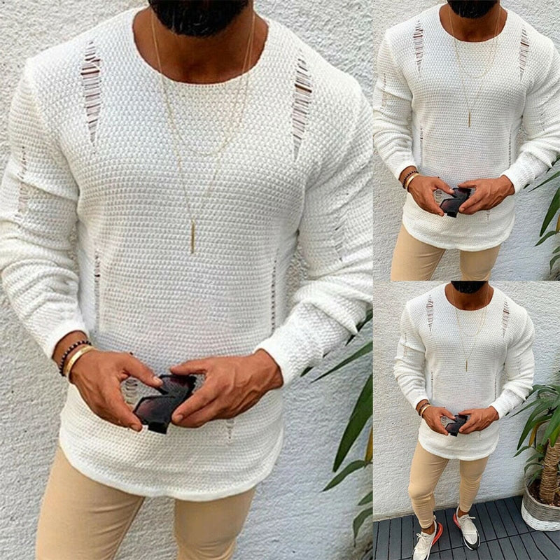Modis Men Ripped Sweater Cotton Soft Male Winter Warm Knit Clothes Casual Cool Pullover O-Neck Long Sleeve Men Ripped Sweater