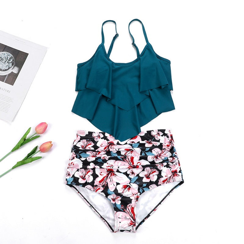 Sfit Swimsuit for Women Two Piece Double Flounce top with High Waisted Ruched Bottom Tankini Set Swimwear Bathing Suit Plus Size