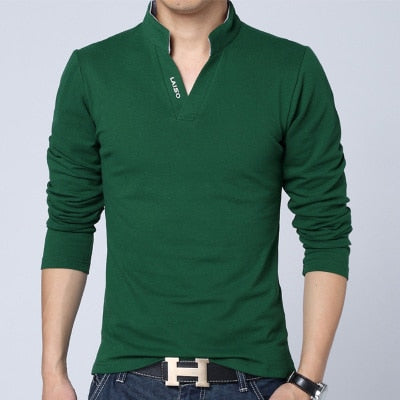 2020 T-Shirt Men Spring Cotton T Shirt Men Solid Color Tshirt Mandarin Collar Long Sleeve Top Men Brand Slim Fit Tee Shirts 5XL
