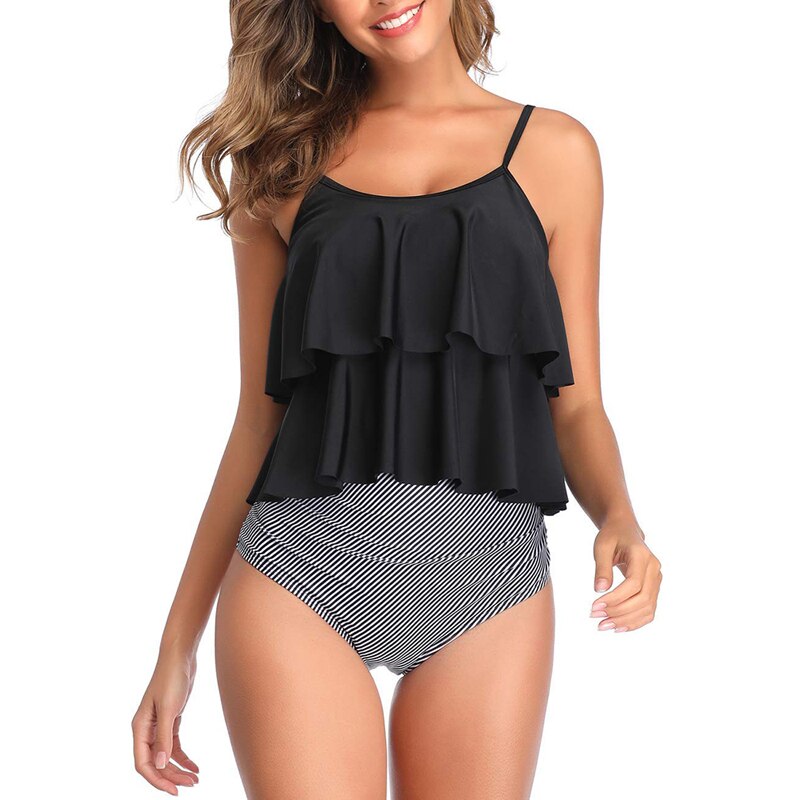 Sfit Swimsuit for Women Two Piece Double Flounce top with High Waisted Ruched Bottom Tankini Set Swimwear Bathing Suit Plus Size