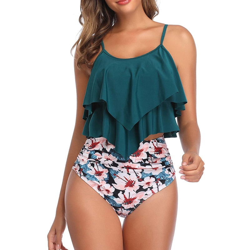 Sfit Swimsuit for Women Two Piece Double Flounce top with High Waisted Ruched Bottom Tankini Set Swimwear Bathing Suit Plus Size